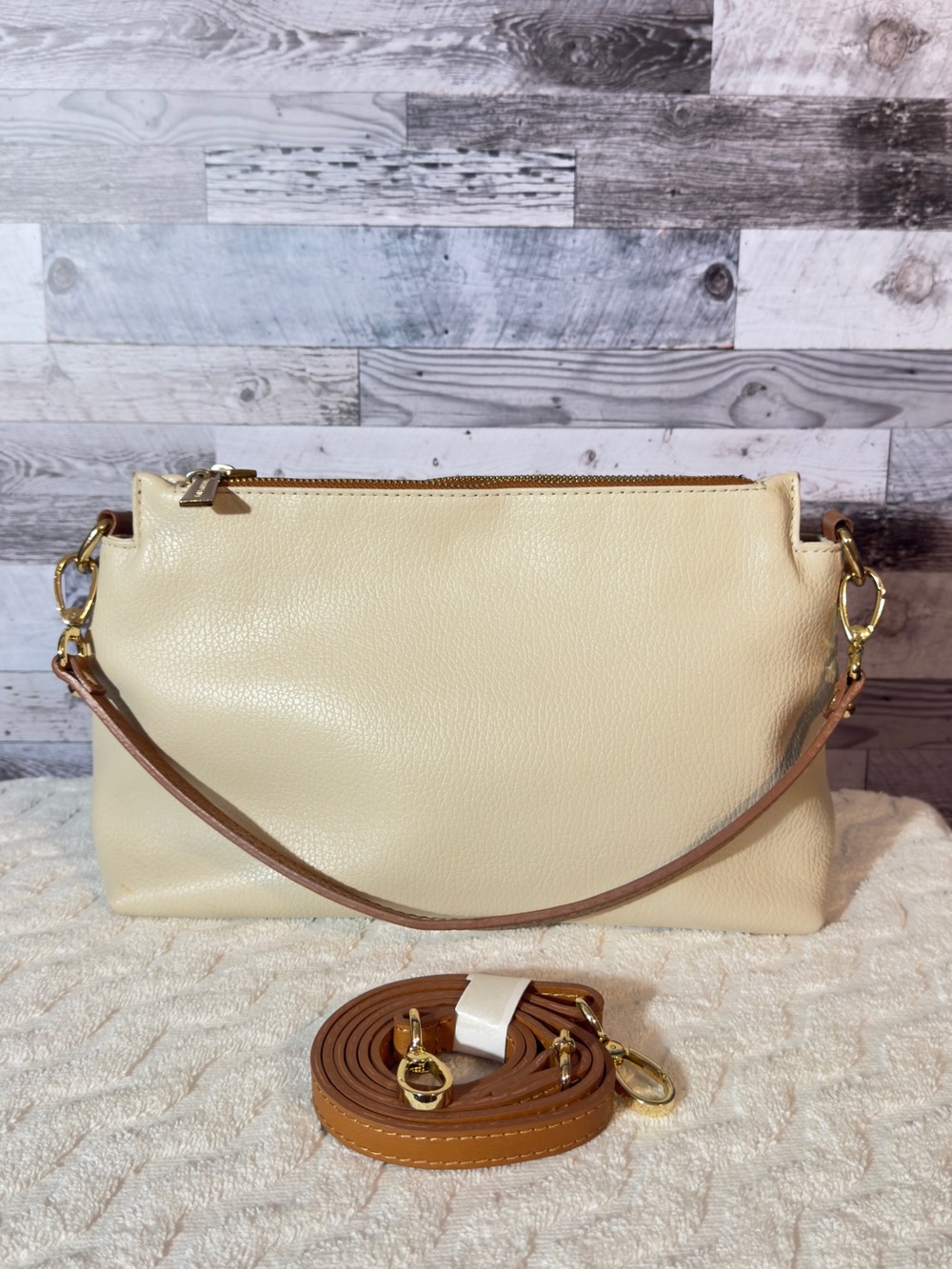 Valentina Cream Leather Shoulder Bag with Brown Strap
